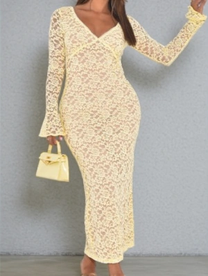 Hollow-out Lace Panel  Long Sleeve Dress