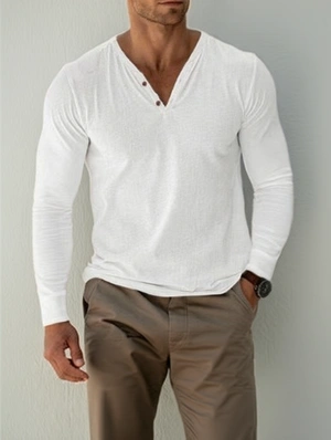 Pure Color V Neck Two Buttons Long Sleeve Tee