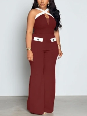 Colorblock Wrap Sleeveless Wide Leg Jumpsuits
