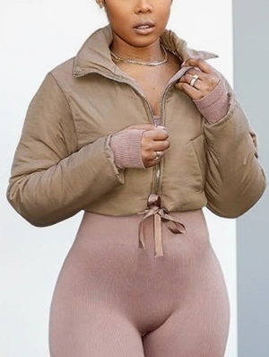 Stand Collar Lace Up Zipper Cropped Coats
