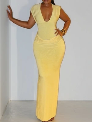 Plain Color Ruched Sleeveless Fitted Maxi Dress