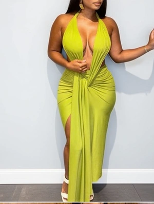 Irregular Ruched Backless Lace-Up Maxi Dress