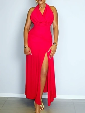 Halter Wing Neck Backless Split Hem Maxi Dress