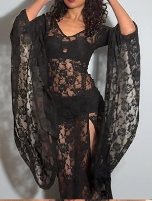 Lace Detail Long Sleeve Gauze Long Sleeve Dress