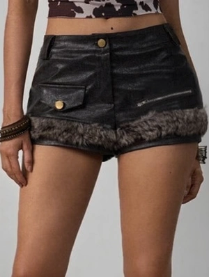 Fur Trim Zipper Patchwork Leather Shorts