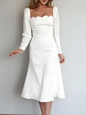 Rippled Edge U Neck Long Sleeve Dress
