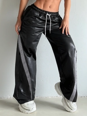Striped Trim PU Loose Straight Pants