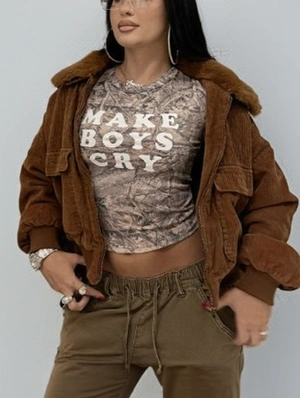 Corduroy Fur Lapel Lantern Sleeve Jackets