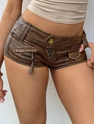 Distressed Leather Zipper Low Rise Shorts