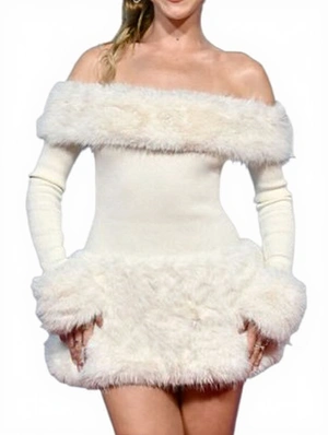 Fur Trim Off Shoulder Bodycon Mini Dress