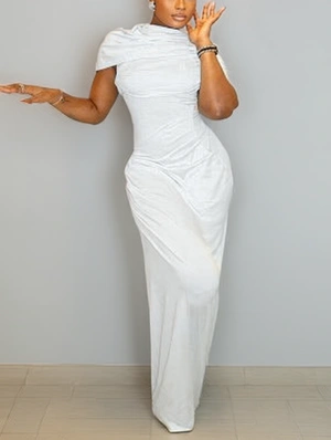 Asymmetrical Ruched Short Sleeve Maxi Dress