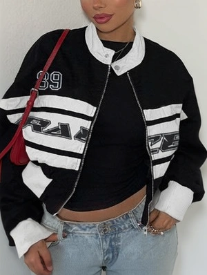 Colorblock Printed Stand Collar Bomber Jacket