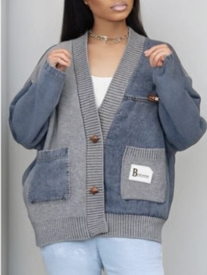 Colorblock Knitted Denim Loose V Neck Cardigan