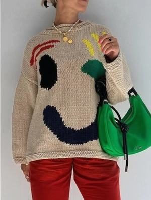Colorblock Smile Face Knitting Loose Sweater