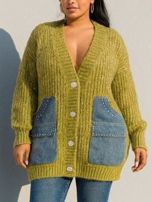 Splints Denim Knitting Sequin V Neck Cardigan