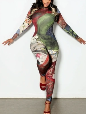 Colorblock Printed Long Sleeve Fitted Jumpsuits