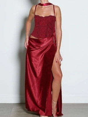 Lace Detail Ribbon Split Hem Sleeveless Dress