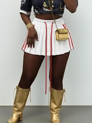 Colorblock Striped Trim Drawstring Pleated Skirts