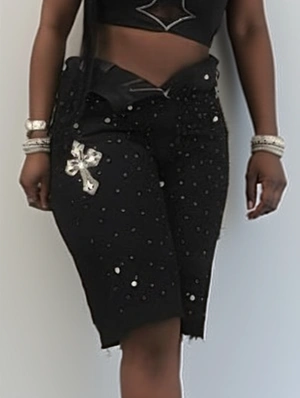 Distressed Cross Rhinestones Denim Shorts