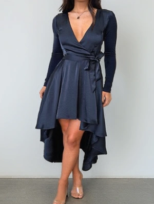 Asymmetrical Hem Tie-wrap Long Sleeve Dress