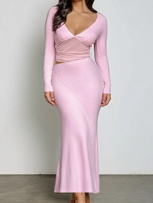 See Through Split Hem Crewneck Long Sleeve Dress