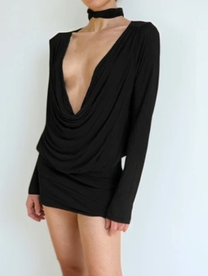 Pure Color Deep V Neck Ribbons Long Sleeve Dress