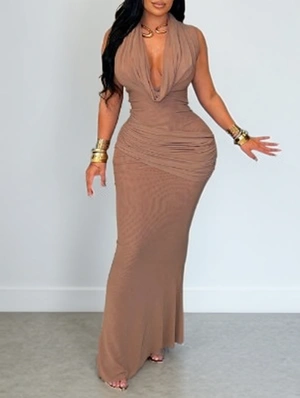 Ruched V Neck Sleeveless Mermaid Maxi Dress