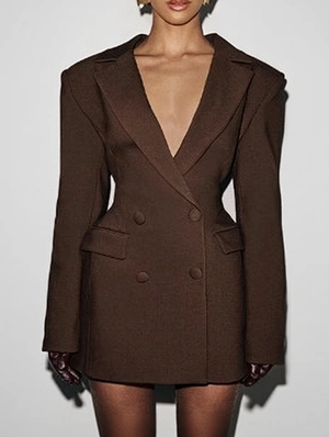 Plain V Neck Notch Lapel Blazers Mini Dress