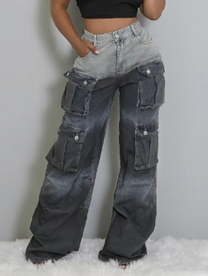 Gradient Denim Loose Multi Pocket Cargo Jeans