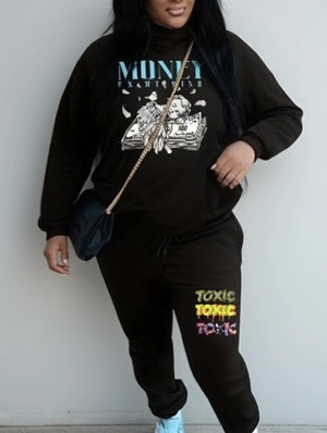 Drawstring Letter Kangaroo Pocket Pant Sets