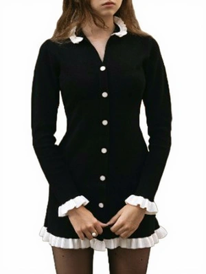 Knitting Ruffle Edge Lapel Buckle Mini Dress