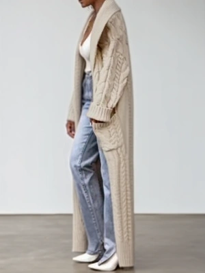 Plain Color Lapel Cable Knit Long Cardigan