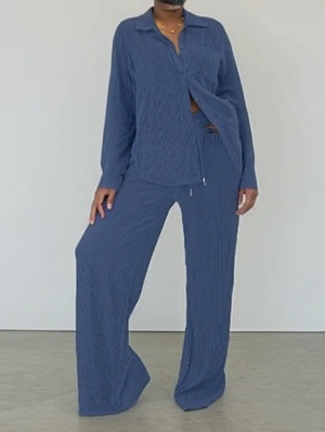 Plain Color Loose Buckle Shirt Pant Sets