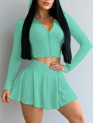 Plain Zipper Bare Waist Hooded A-line Skirt Sets