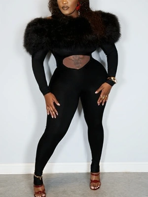 Fur Trim Off Shoulder Hollow-out Fitted Jumpsuits