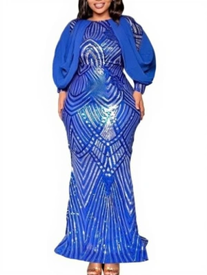 Luxury Sequin Fitted Lantern Sleeve Maxi Dress