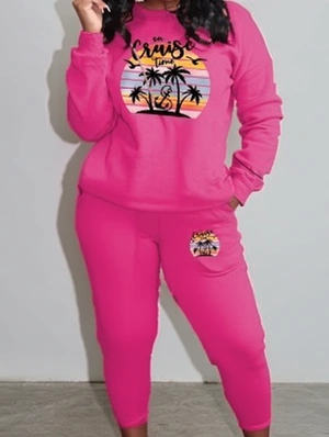Elastic Print Round Neck Pant Sets