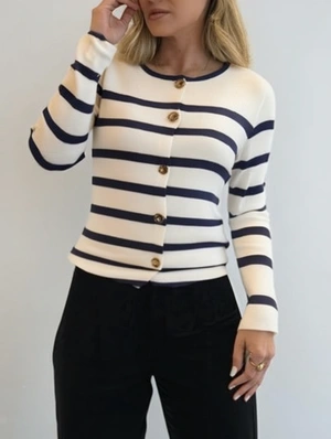 Colorblock Striped Crewneck Cardigan Coat
