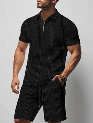 Jacquard Weave Solid Color Short Sleeve Short 2pcs Sets