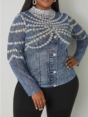 Imitation Denim Printed Long Sleeve Tops