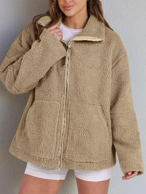 Plain Lambwool Fluff Loose Zipper Coats