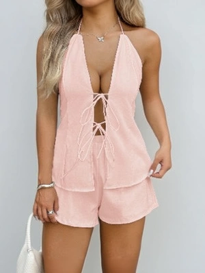 Plain Color Drawstring Backless Pant Sets