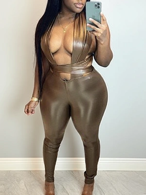 PU Halter Tie-wrap Backless Crop Jumpsuits