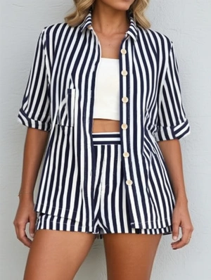 Striped Lapel Cardigan Pant 2pcs Sets