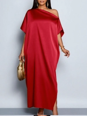 Satin Plain Color Inclined Shoulder Maxi Dress