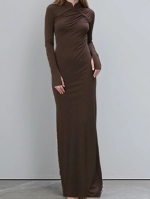 Pullover Pure Color Stand Collar Long Sleeve Maxi Dress