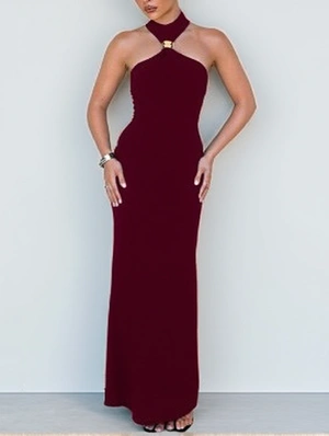 Metal Decor Halter Fitted Split Hem Maxi Dress