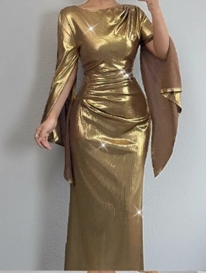 Metallize Ruched Mid-rise Long Sleeve Dress