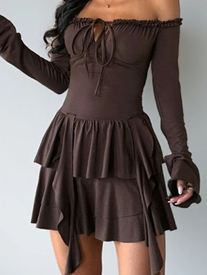 Layered Ribbons Lace-Up Long Sleeve Dress