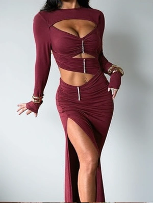 Embellished Hollow-out Long Sleeve Dress